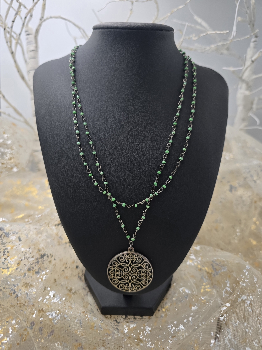 925 Handmade Green Bead and Silver Tone Filigree Medallion Pendant Necklace